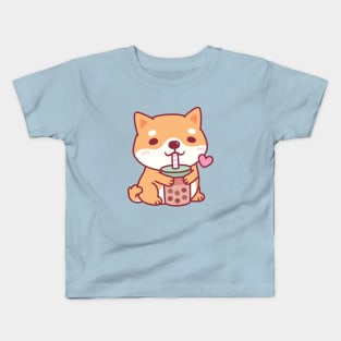 Cute Shiba Inu Dog Loves Bubble Tea Kids T-Shirt